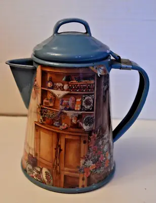 Tin/Metal Pitcher Coffee/Tea Pot Lidded With Cupboard/Household Scenery • $9.50