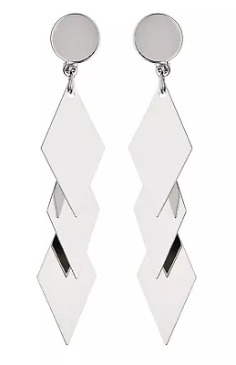 £12.50 • Buy Silver Clip On Earrings Drop Dangle With Three Linked Diamond Shapes - Kallie S