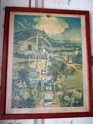 RARE 1887 ORIGINAL MASONIC LITHO FROM DARKNESS TO LIGHT FRAMED FREEMASON 29 X 23 • $89