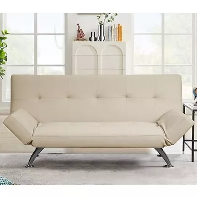 Venice Faux Leather Sofa Bed In Cream With Chrome Metal Legs • £179.95