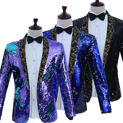 Men Reversible Two Tone Glitter Sequins Suit Jacket Blazer Dance Stage Coat Tops • $62.24