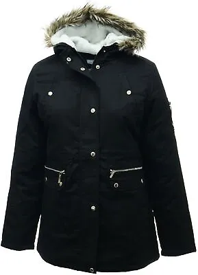 Ladies Plus Size New Black Parka Coat Long Jacket Fleece Lined Fur Trim Hood • £33.26