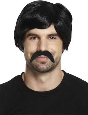 Pablo Escobar Style Black Wig & Moustache Short Mens 70's Gangster Fancy Dress • £7.89