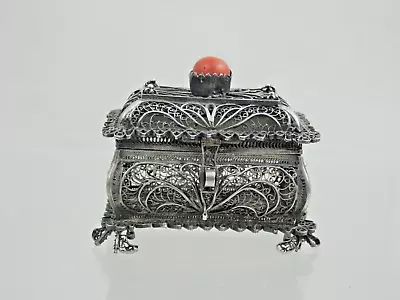 Russian 84 Silver Filigree Box Large Red Coral Judaica Spice Container Besamim • $495