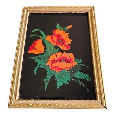 Vtg Reverse Art Foil Hand Painted Red Black Green Poppies Framed Painting Floral • $20.90