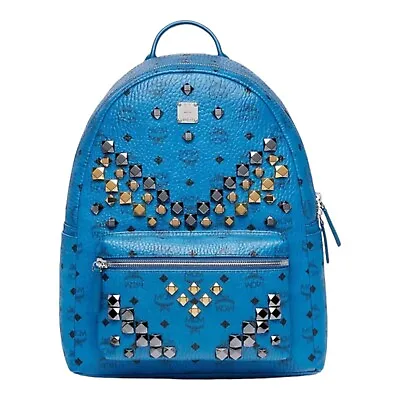 MCM Medium Studded Stark Backpack Visetos MMK7SVE18BL Blue - BRAND NEW WITH TAG • $499