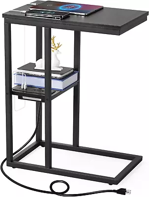 C Shaped End Table With Charging Station Laptop Black Side Table With USB Ports • $56.99
