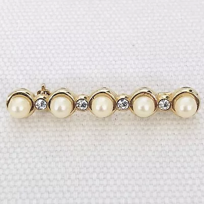 Vintage Gold Tone Metal With Faux Pearl & Clear Rhinestone Bar Brooch/Pin Q156 • $10