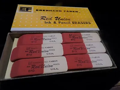 12 Vintage Eberhard Faber Red Union Ink & Pencil Erasers #510 NEW IN BOX NOS • $18