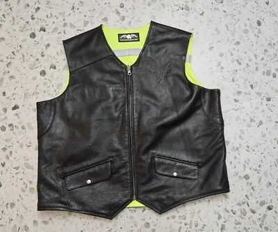 Missing Link Lnk Black Leather Green Reflective Reversible Motorcycle Vest 3XL • $49.95