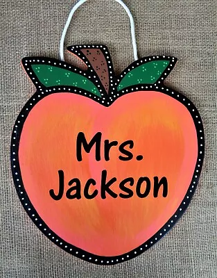 Personalize PEACH Teacher SIGN School Class Classroom Wall Door Plaque Hanger • $13