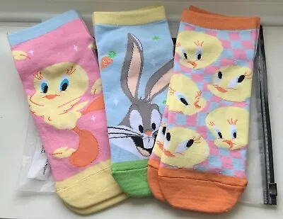 3 Pairs Looney Tunes Cartoon & Letter Graphic Ankle Socks Bugs Bunny & Tweety • £7.99