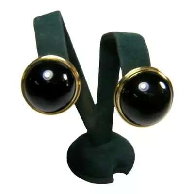 Vintage Lalique Paris Domed Black Glass Gold Plated Clip Earrings • $171.99