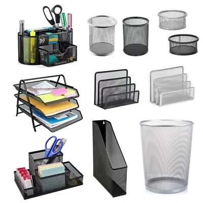 Metal Office Mesh Bin Desk Organizer Set Stationary Tidy Letter Trays Pen Holder • £7.99