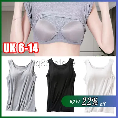 Ladies Camisole Tops With Built In Bra Women Vest Padded Slim Tank Tops Soft • £7.86