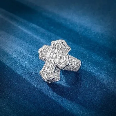 925 Sterling Silver Baguette & Round Cut Natural Moissanite Cross Men's Ring • $155.56