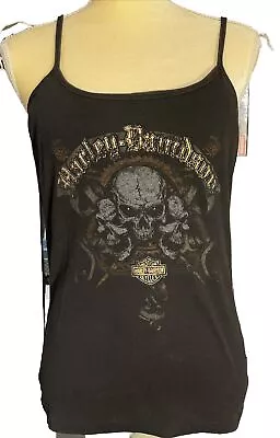 Harley Davidson Vintage Skull Biker Babe Tank Top Built In Bra Motorcycle Rock L • $19.99