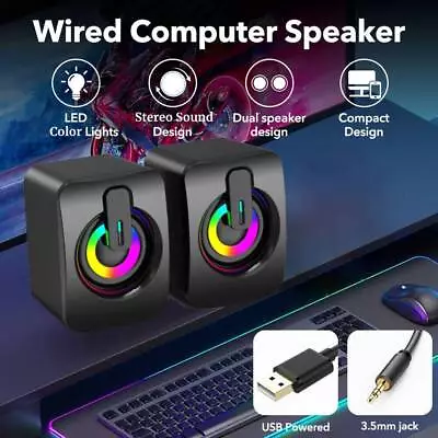 USB Wired Sound Bar Computer Stereo RGB Speakers USB 3.5mm For PC Desktop Laptop • £9.39