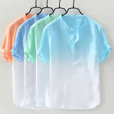 Mens Grandad Casual Shirts Mandarin Smart Shirt Short Sleeve Summer Linen Tops • $30.72