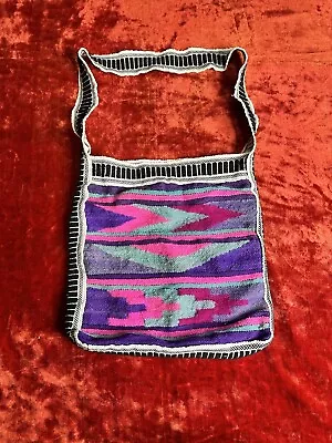 Vintage  Woven Wool Tote Bag Carpet Purse Boho Ecuador Purple Teal Pink • $32