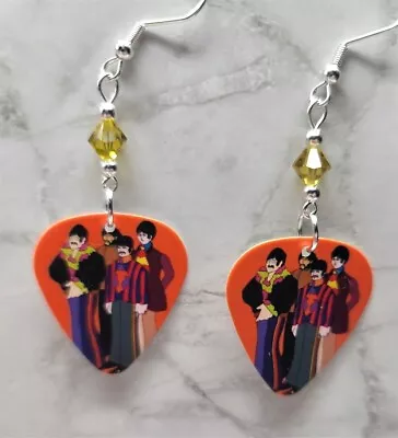 The Beatles Yellow Submarine Guitar Pick Earrings With Lime Swarovski Crystals • $7