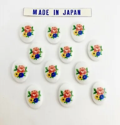 $2.84 • Buy 12 Vintage Japan Glass Pink Rose, Yellow & Blue Flowers 14x10mm. Oval Cameos 372
