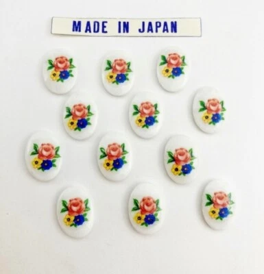 $2.84 • Buy 12 Vintage Japan Glass Pink Rose, Yellow & Blue Flowers 14x10mm. Oval Cameos 372
