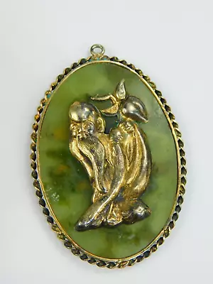 Vintage Sterling Silver Nephrite Jade Chinese Man Holding Fruit? Pendant 2.25  • $89.90