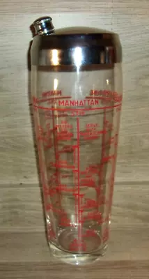 Vintage MCM 5 Cocktail Recipes Glass Cocktail Shaker W/Stainless Steel Lid Red • $48.39