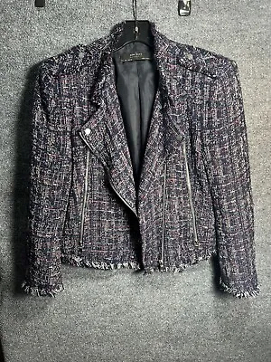 Zara Navy Blue-mix Tweed-effect Fully-lined Biker-style Jacket • $58