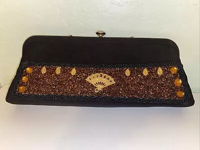 Vintage Caron Of Texas Black With Gold Beaded Clutch Bag Gold Leaves And Fan • $42.95