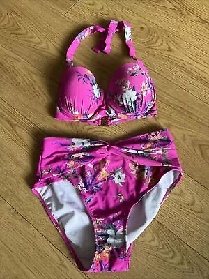 Next  Love & Roses Woman’s Bright Pink Floral Bikini - Top 10 Bottoms Size 12 • £4.14