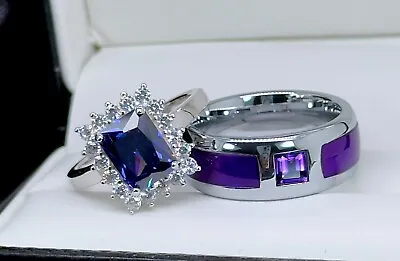 Matching Rings Sets Purple Agate Women Wedding Bands Mens Ring Engagement Ring • $374.85