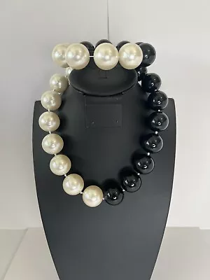 Vintage Afj Faux Black And White Pearl Necklace And Matching Bracelet Japan Gold • $48