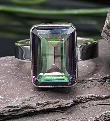 NEW 925 Genuine Sterling Silver Large Emerald Cut Mystic Topaz Gemstone Ring  • £22.95