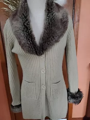 Maurices Vintage Cable Knit Faux Fur Trimmed Long Cardigan Sweater Size L • $24.95