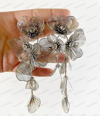 Silver Flower Cascade Long EARRINGS Zara Style Gloss Metal Finish Princess Kate • £12.99