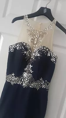 Navy Blue Illusion Mermaid Fishtail Long Prom Formal Dress 4-6 Crystal Beaded • £69.99