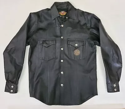 Vintage Harley Davidson Black Leather Lined Snap Biker Shirt Jacket Mens M *READ • $75.88