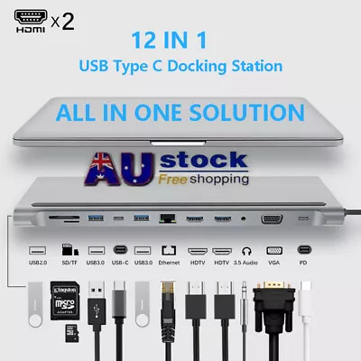 $75.99 • Buy USB C HUB To HDMI-compatible 12 In1 VGA RJ45 Gigabit Ethernet Power Adapter Dock