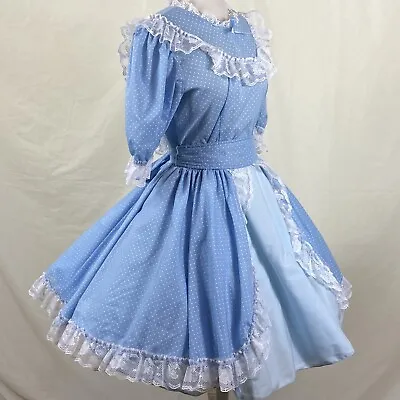 Square Dance Dress Baby Blue White Polka Dot White Lace Self Tie Sash SZ 12 • $89