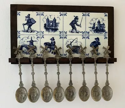 Vintage Delft Wall Spoon Collection With Hand Painted Blue Ceramic Display Rack • $65