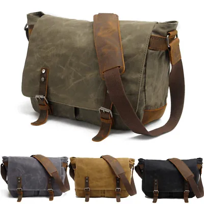 Mens Military Canvas Leather Messenger Vintage Retro Briefcase Shoulder Bag • £55.08