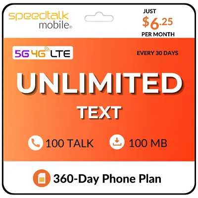 SpeedTalk SIM Card Unlimited Text 100 Talk & Data Prepaid Phone Plan $6.25/Mo.  • $75