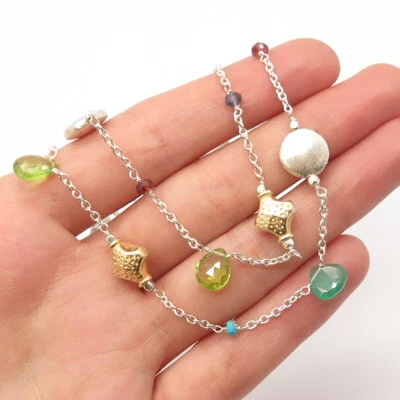 $126.99 • Buy 925 Sterling Silver 2-Tone Multi-Color Gem By The Yard Rolo Chain Necklace 38 
