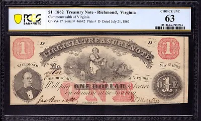 1862 $1 Virginia Treasury Note Cr-17 Obsolete Civil War Currency Pcgs B Cu 63 • $109.99