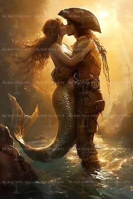 MERMAID AND PIRATE KISS FINE ART PRINT Wall Decor Poster Siren Pirate Painting • $7.95