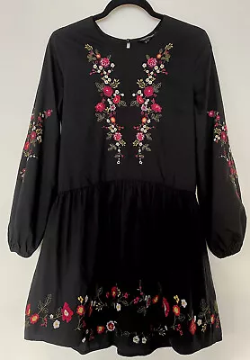 Miss Selfridge Dress Black Floral Long Sleeve Short UK 8 • £8