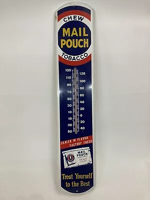 Vintage 'MAIL POUCH' Thermometer Chew Tobacco Metal Advertising Sign 38.5  X 8  • $175