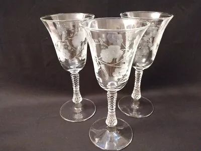 Vintage Clear Glass Wheel Cut Stemware Wine Glasses / Set Of 3 / 8  High • $24